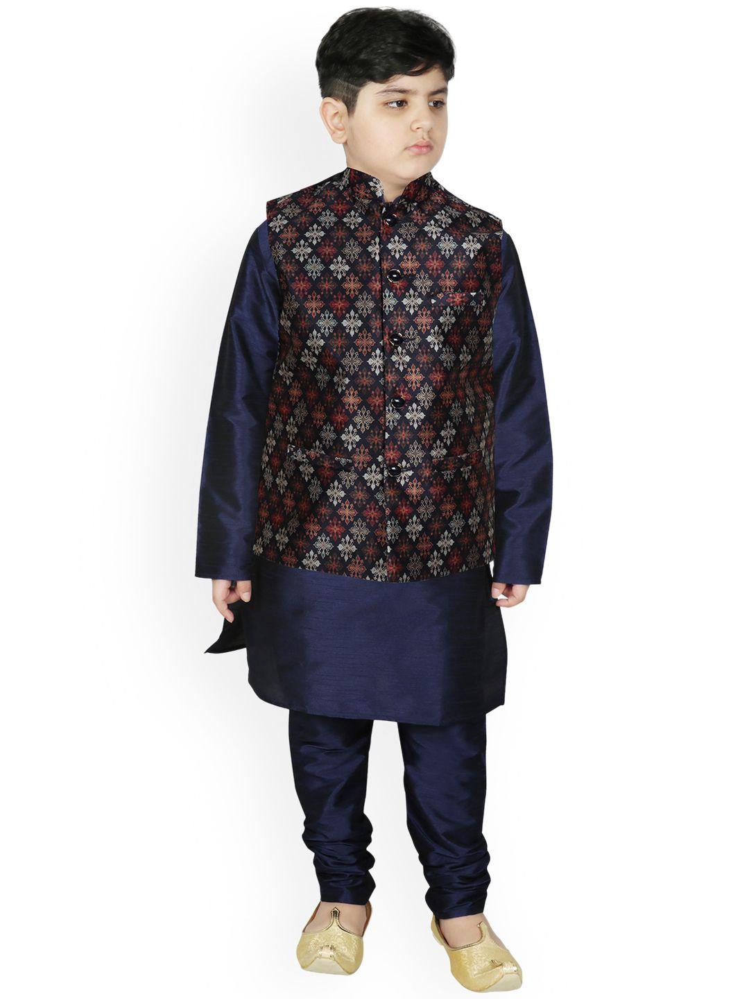 sg yuvraj boys navy blue raw silk kurta with churidar & nehru jacket