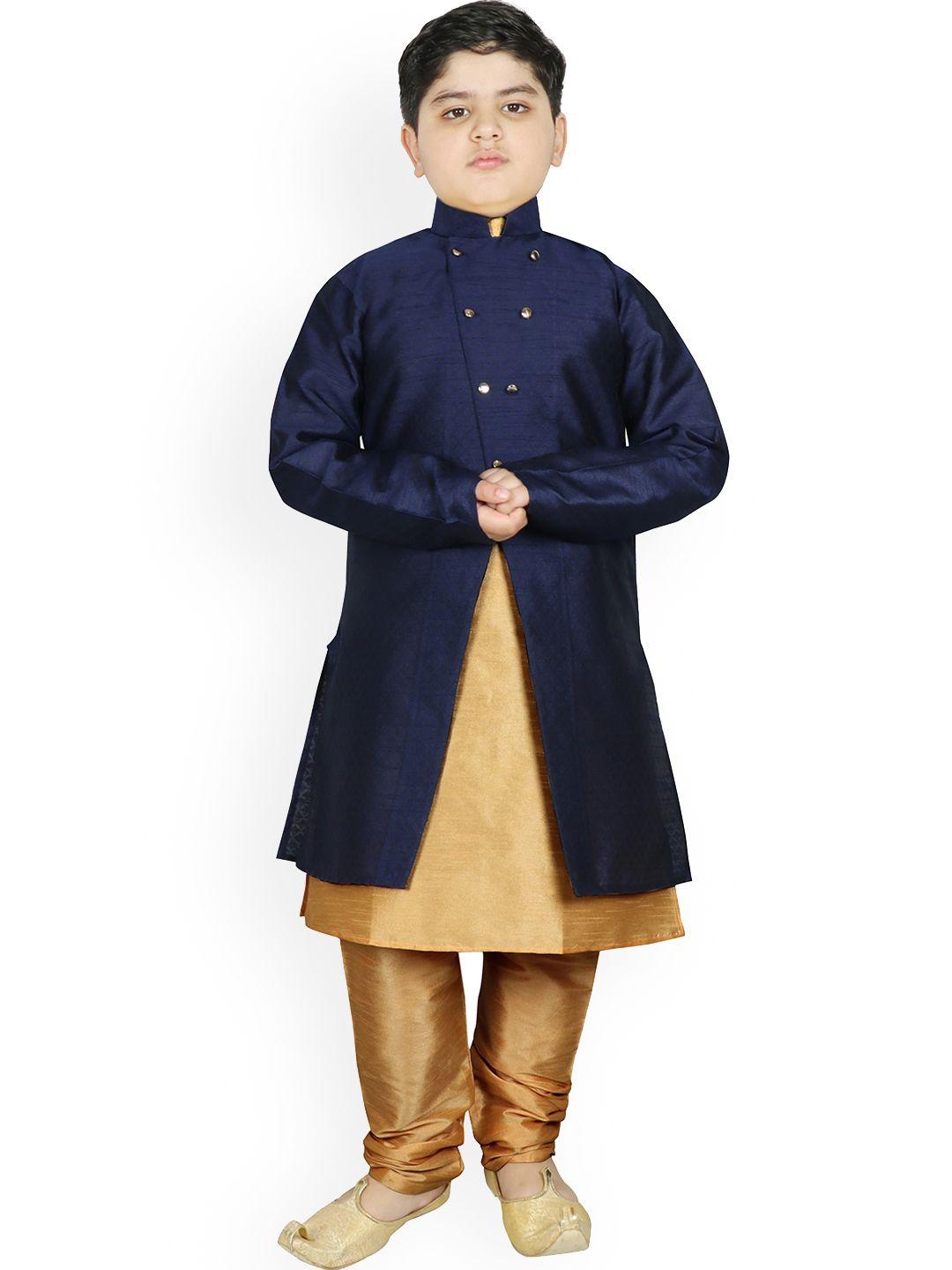 sg yuvraj boys navy blue raw silk kurta with pyjamas with jacket