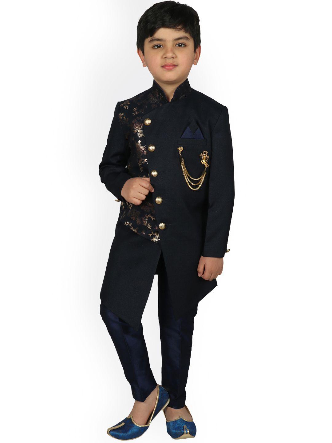 sg yuvraj boys navy blue silk sherwani set