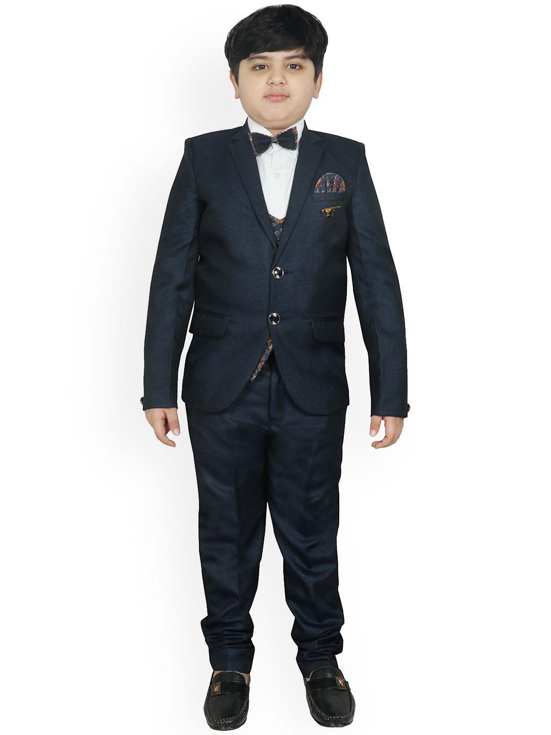 sg yuvraj boys navy blue solid 5-piece single-breasted partywear suit
