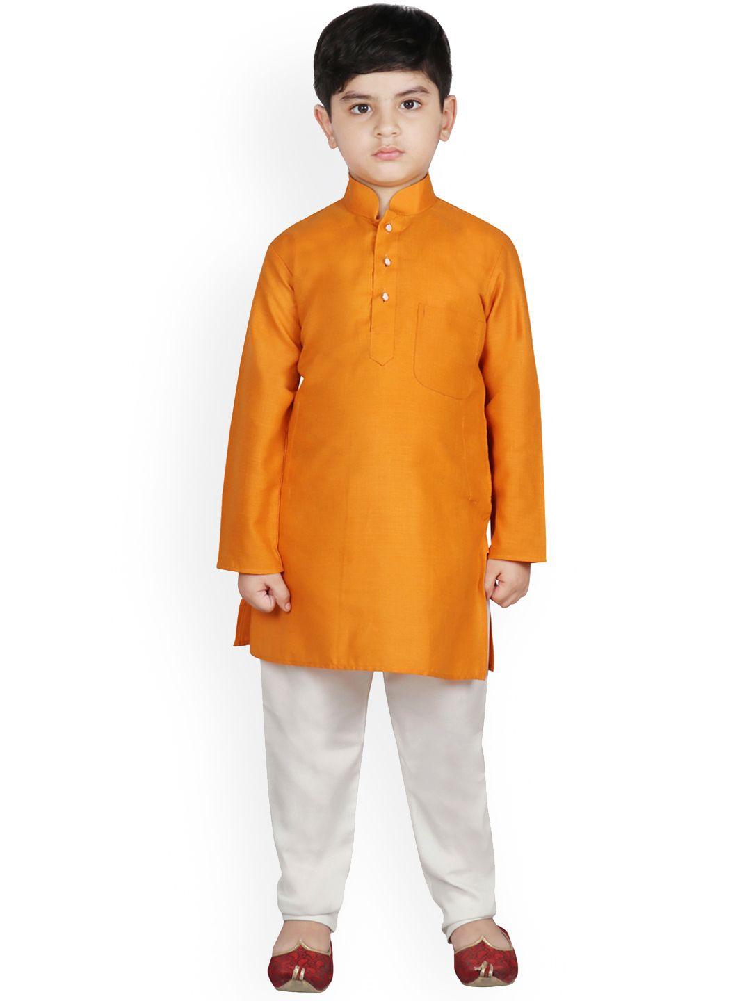 sg yuvraj boys orange & white solid brocade kurta with pyjamas