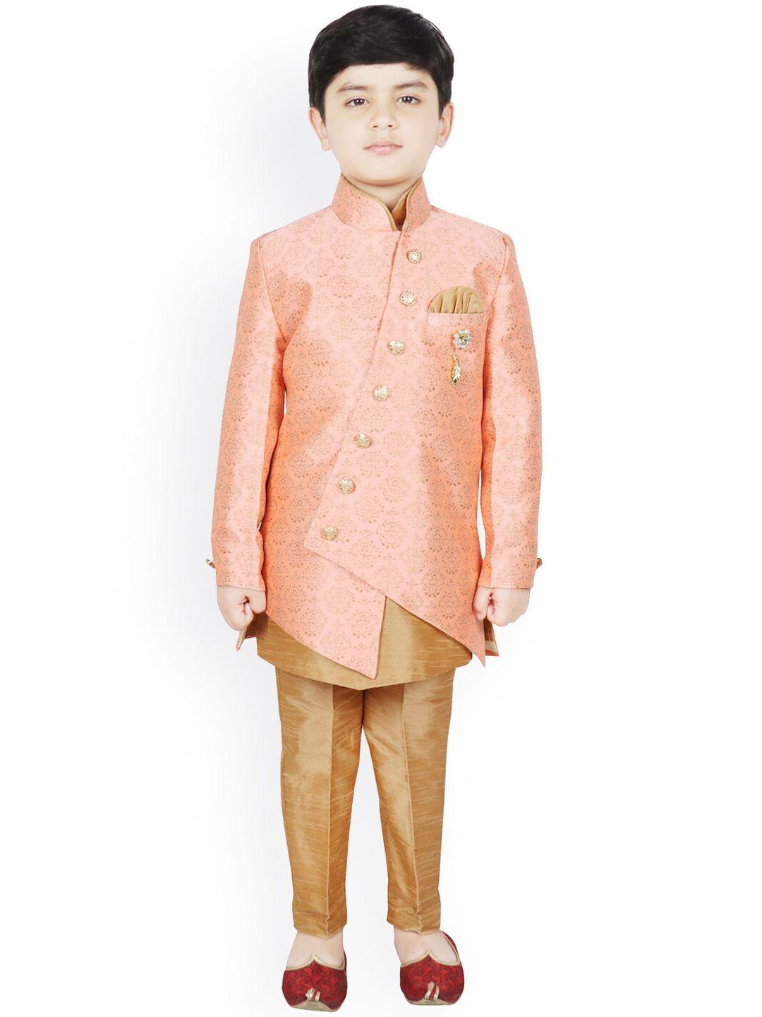 sg yuvraj boys peach coloured & gold coloured woven-design sherwani set