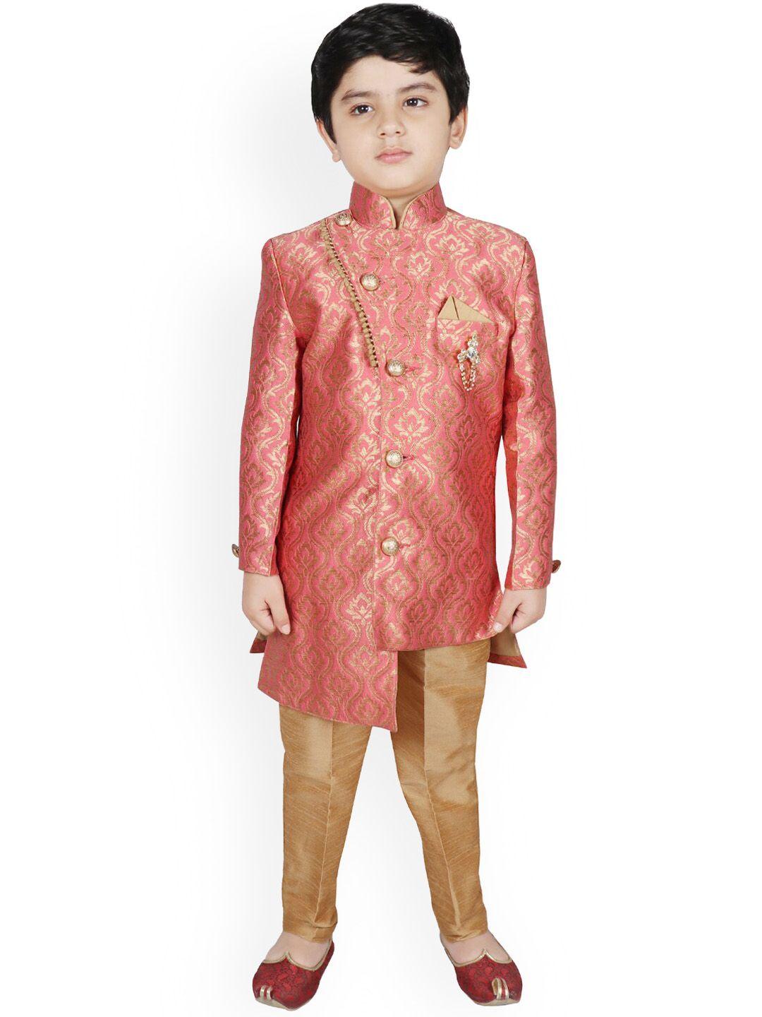 sg yuvraj boys peach-coloured & gold-coloured woven-design sherwani set
