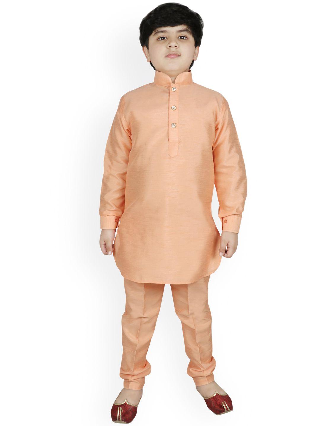 sg yuvraj boys peach-coloured solid mandarin collar raw silk kurta with churidar