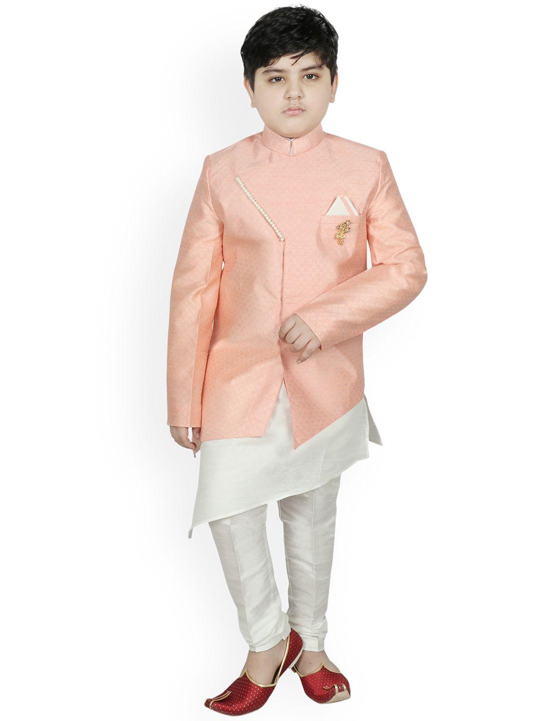 sg yuvraj boys peach-coloured woven design angrakha raw silk kurta with churidar
