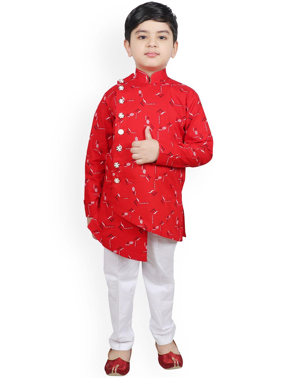 sg yuvraj boys red & white printed kurta with trousers