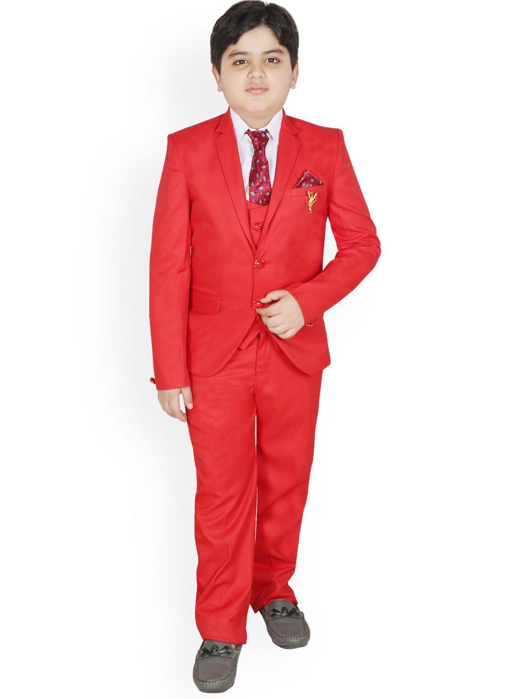 sg yuvraj boys red solid 5-piece single-breasted partywear suit