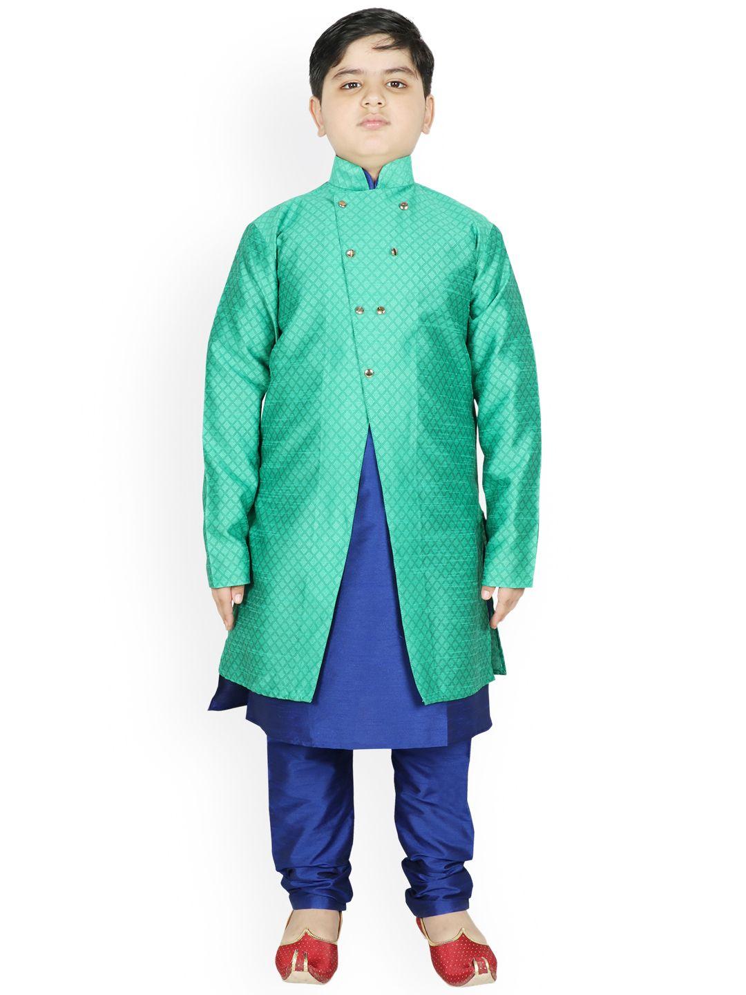 sg yuvraj boys sea green & blue raw silk kurta pyjama with jacket