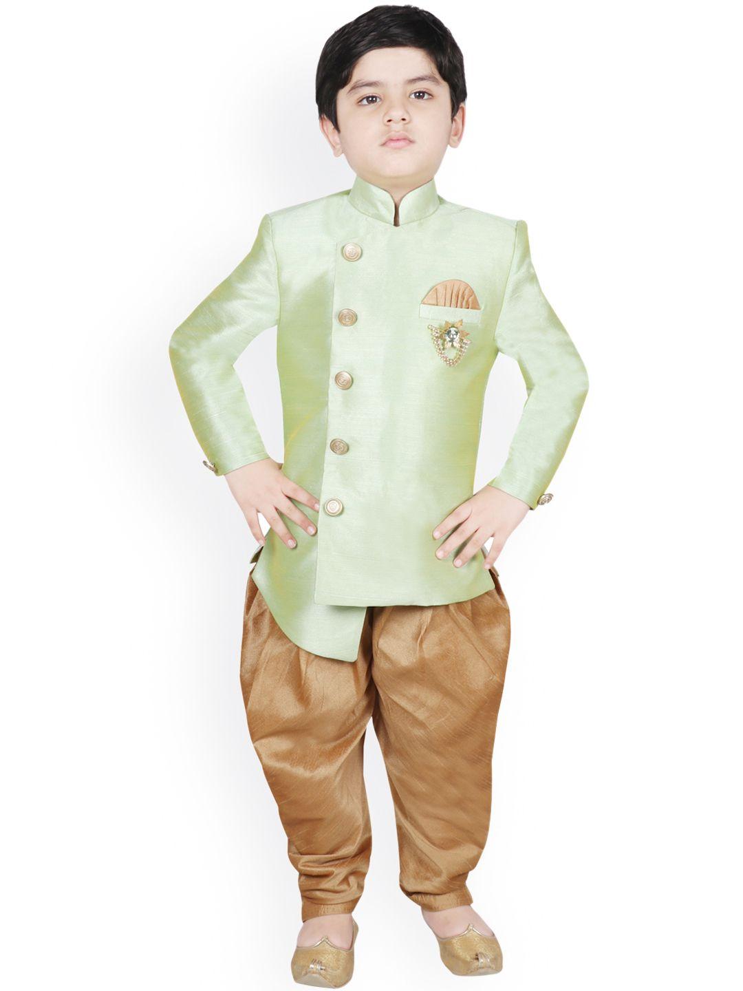 sg yuvraj boys sea green & gold-coloured solid silk sherwani