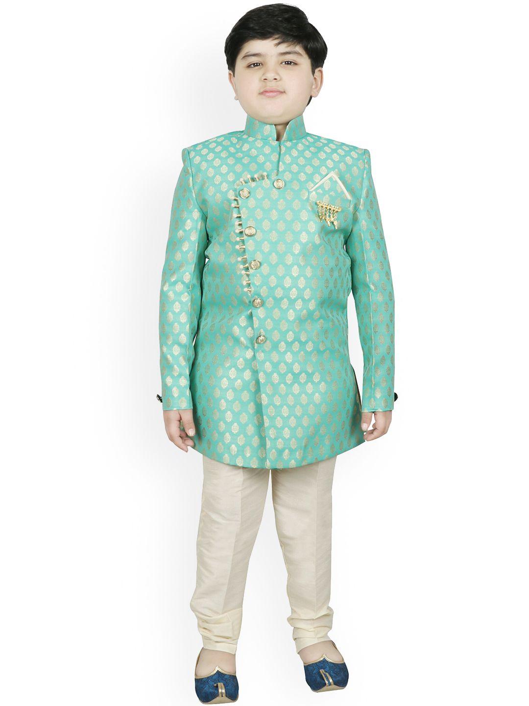 sg yuvraj boys sea green & gold-coloured woven design sherwani set