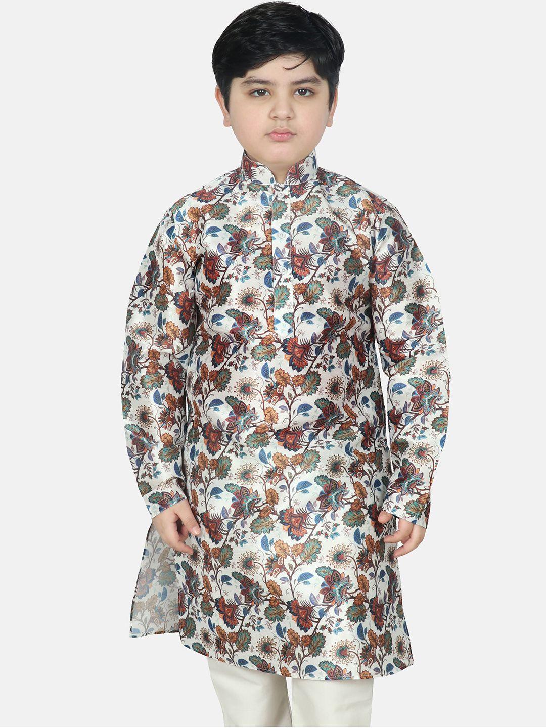 sg yuvraj boys white & blue floral printed raw silk kurta