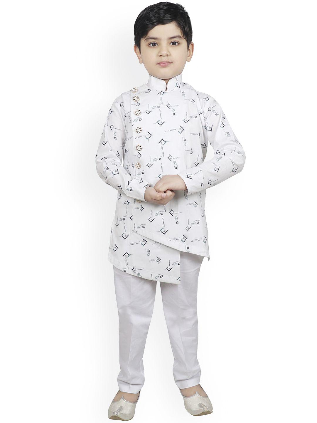 sg yuvraj boys white printed pure cotton kurta with pyjamas