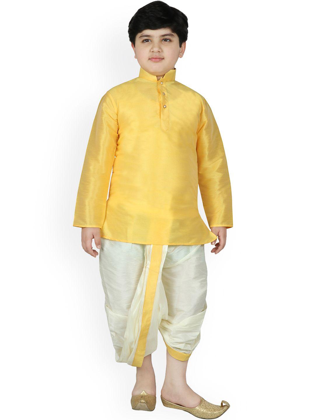 sg yuvraj boys yellow & beige solid kurta with dhoti pants