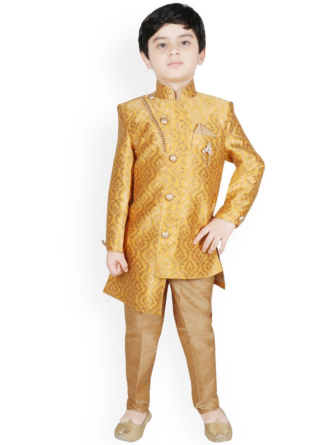 sg yuvraj boys yellow & gold-coloured woven design sherwani set