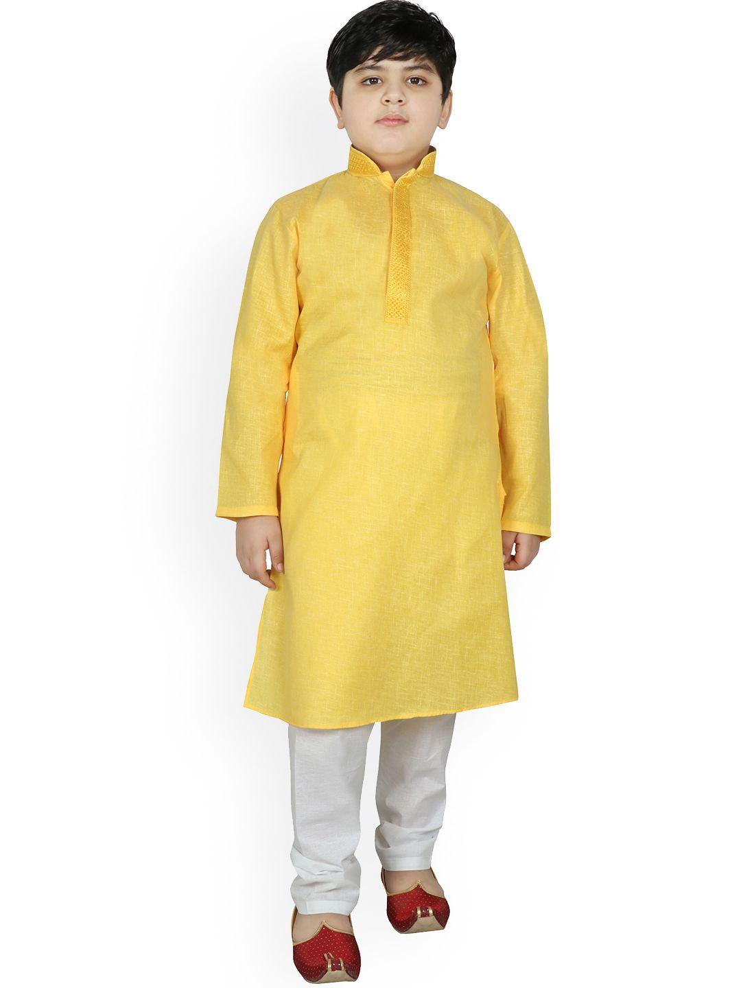 sg yuvraj boys yellow & white pure cotton kurta with churidar