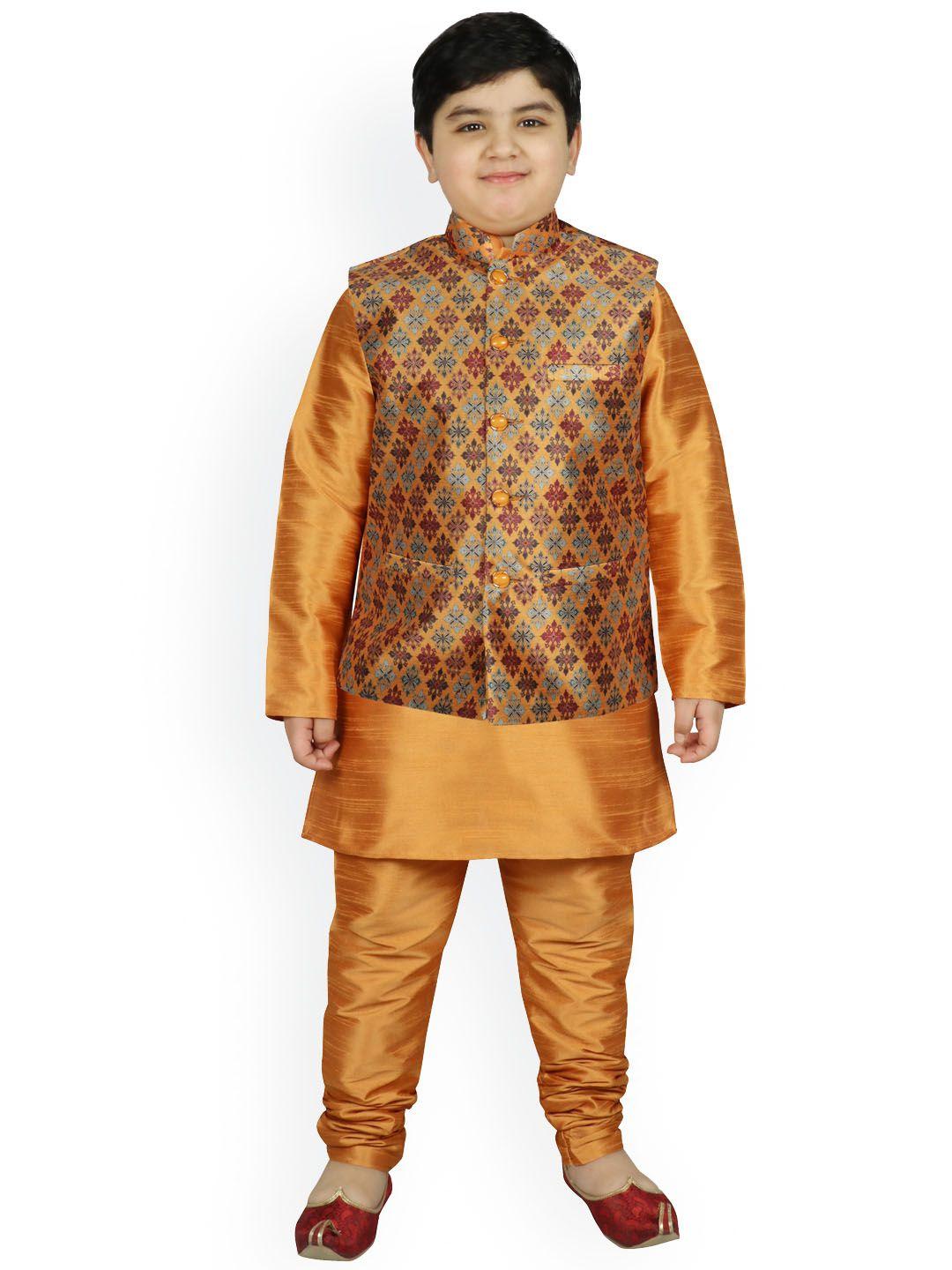 sg yuvraj boys yellow ethnic motifs raw silk kurta with churidar & nehru jacket