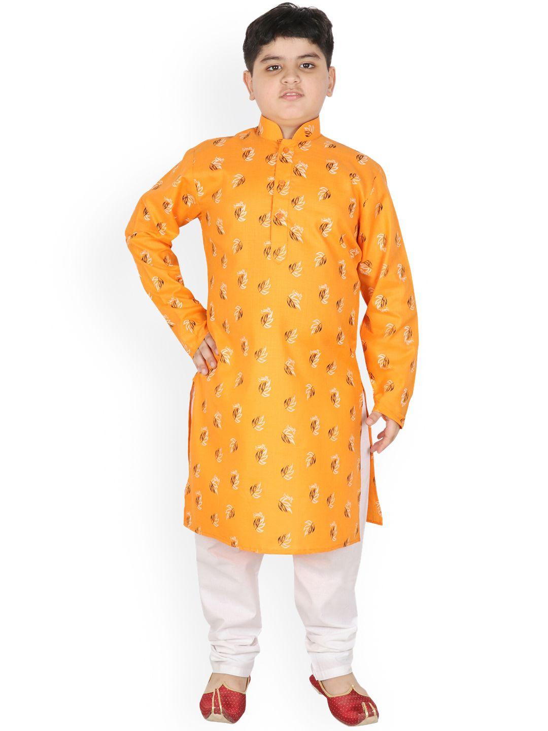 sg yuvraj boys yellow printed pure cotton kurta with churidar