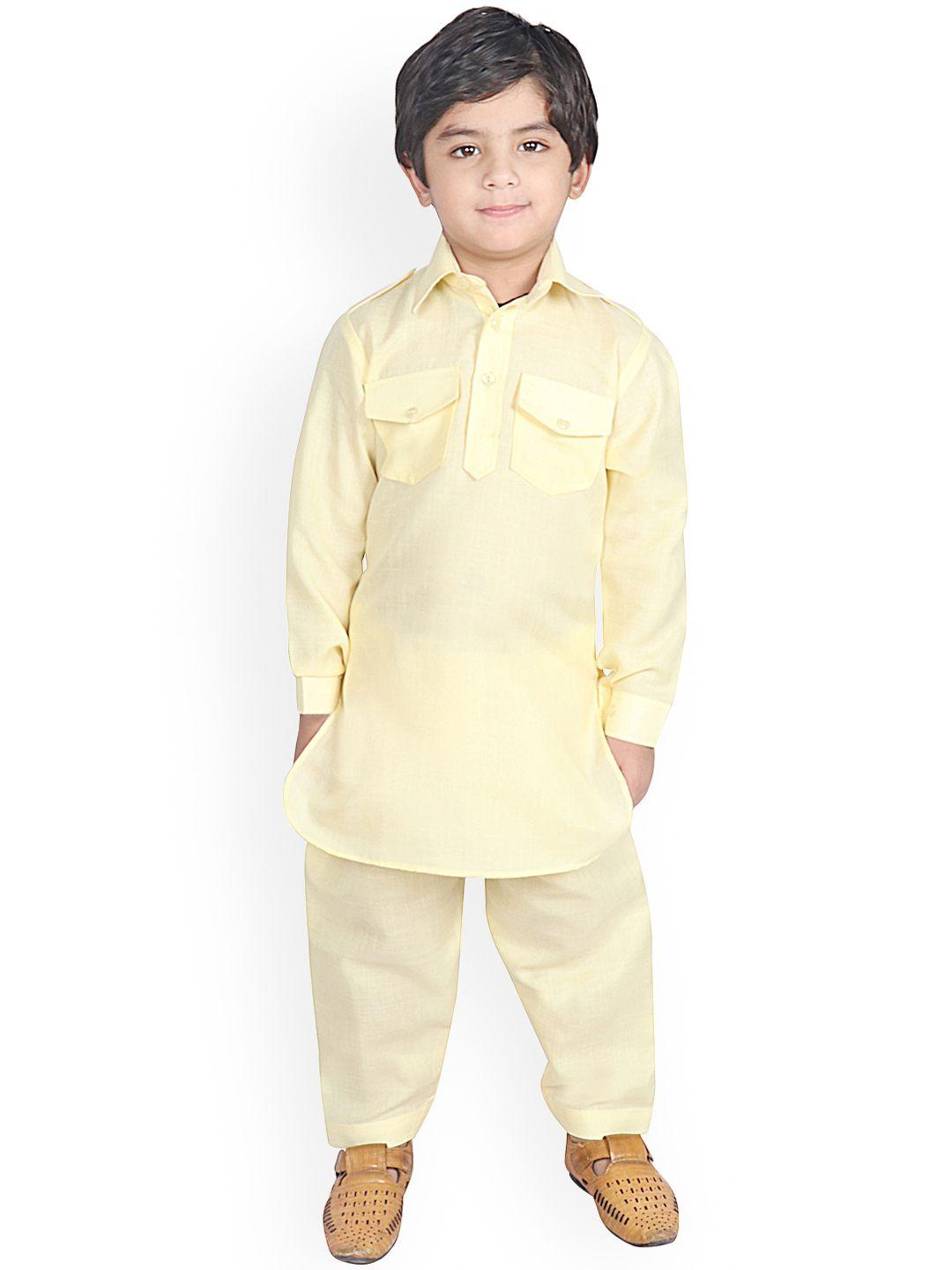 sg yuvraj boys yellow solid pathani kurta with pyjamas