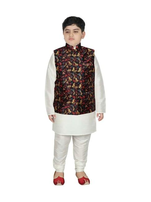 sg yuvraj kids black & white floral print full sleeves kurta set