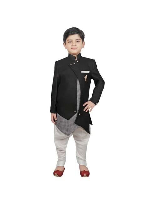 sg yuvraj kids black & white printed sherwani with pyjama