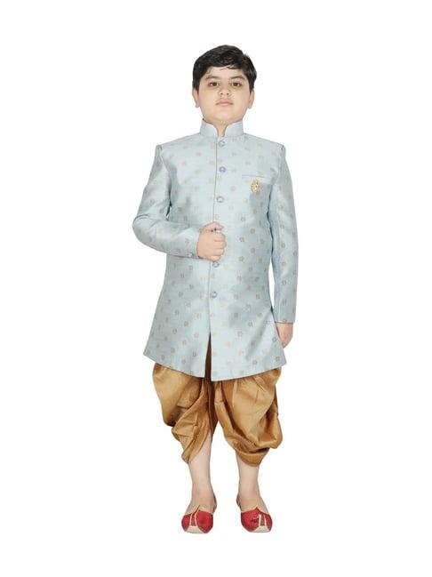 sg yuvraj kids blue & gold printed full sleeves sherwani set