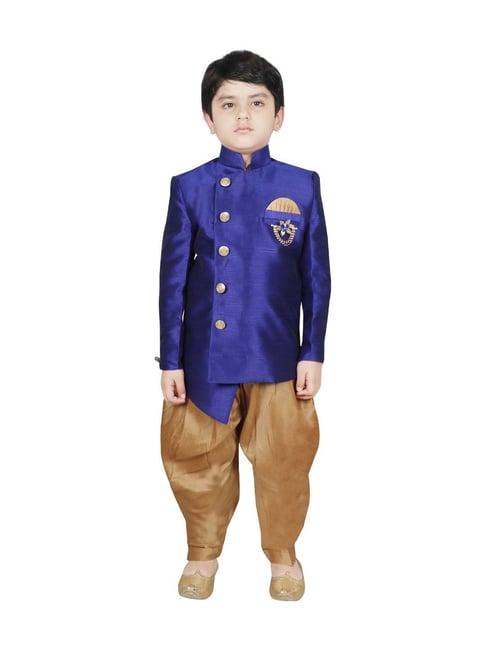 sg yuvraj kids blue & gold textured pattern full sleeves sherwani set