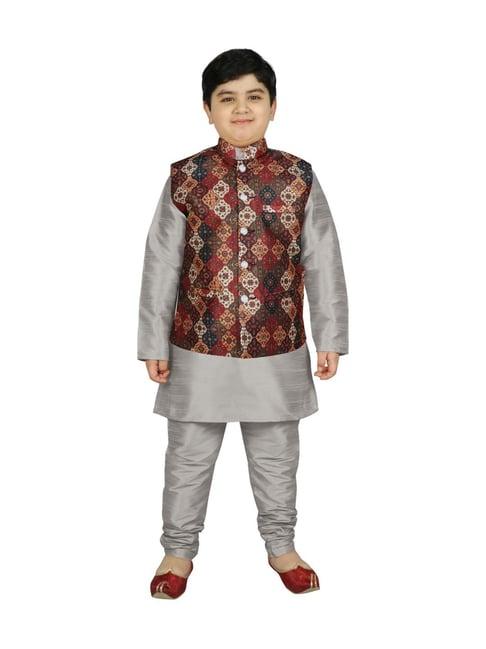 sg yuvraj kids brown & grey printed full sleeves kurta set