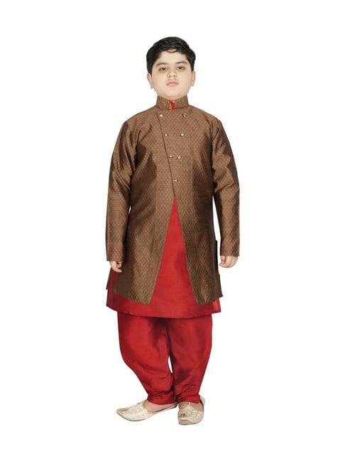 sg yuvraj kids brown & maroon textured pattern full sleeves kurta set