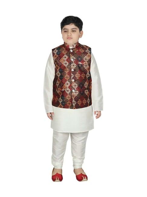 sg yuvraj kids brown & white printed full sleeves kurta set