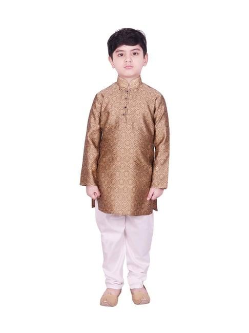 sg yuvraj kids gold & white self full sleeves kurta set