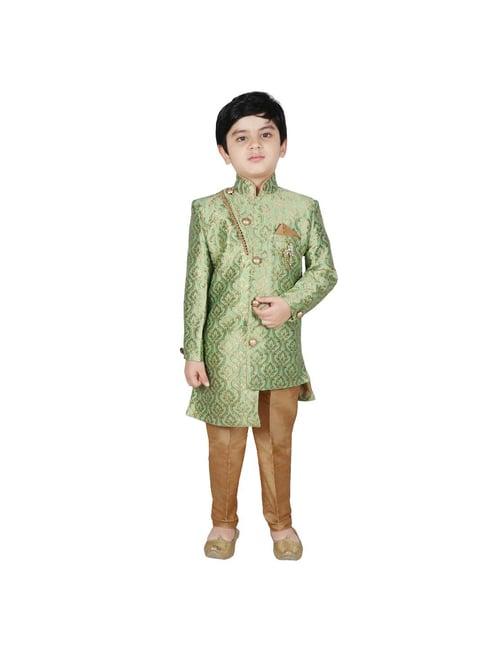 sg yuvraj kids green & brown printed sherwani with pyjama