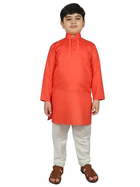 sg yuvraj kids orange & white solid kurta with pyjama