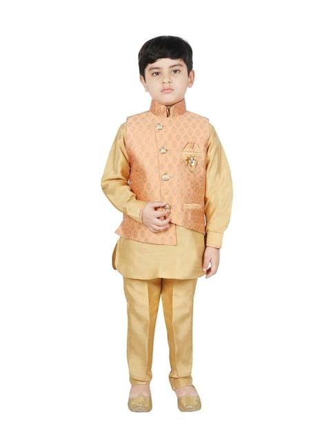 sg yuvraj kids peach & gold textured pattern full sleeves kurta set