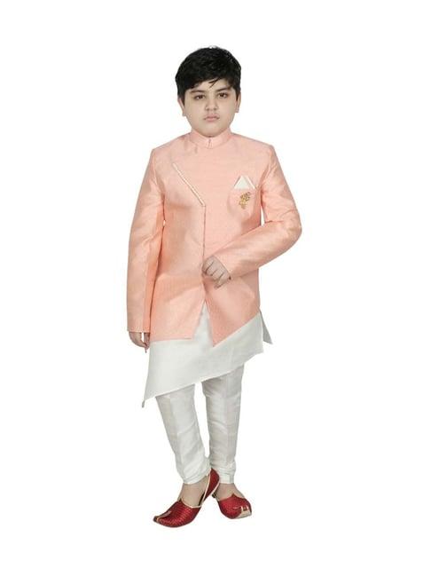 sg yuvraj kids peach & white textured pattern full sleeves kurta set