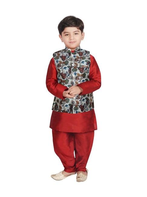 sg yuvraj kids white & maroon floral print full sleeves kurta set