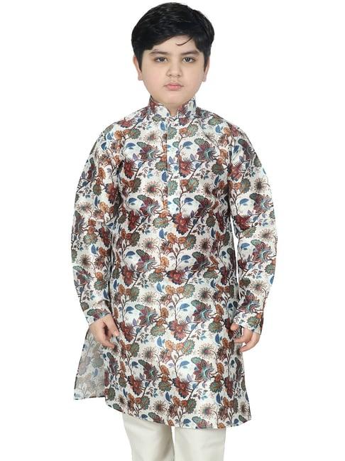 sg yuvraj kids white floral print full sleeves kurta