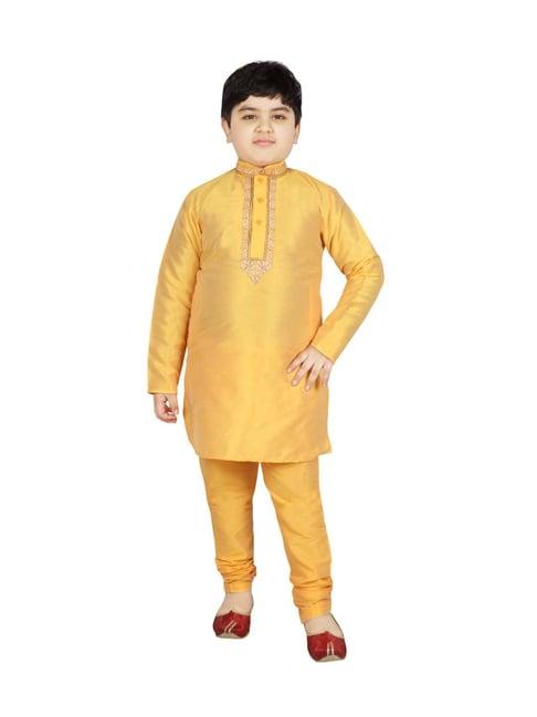 sg yuvraj kids yellow embroidered full sleeves kurta set