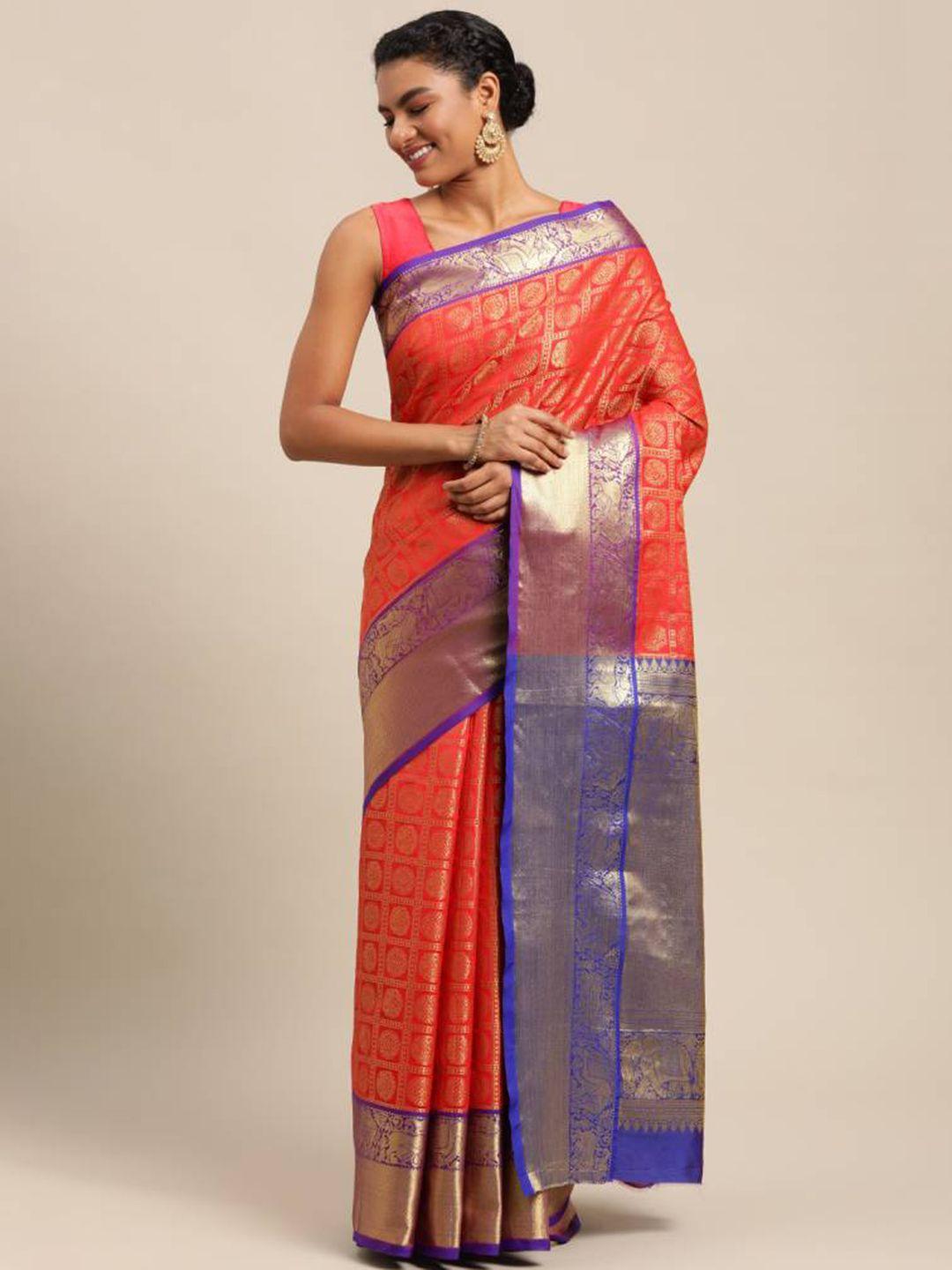 sgf11 ethnic motif woven design zari pure silk kanjeevaram saree with blouse piece