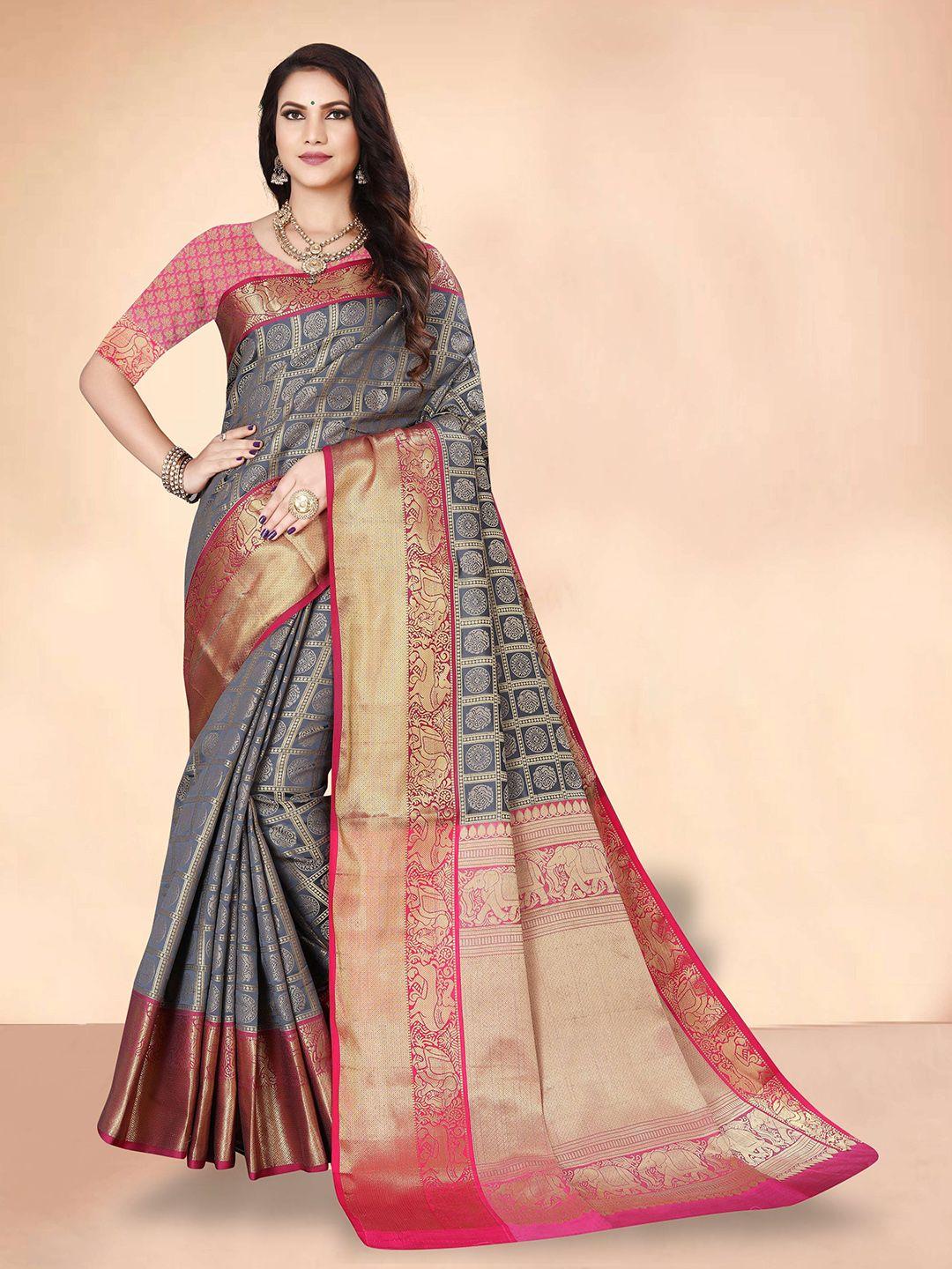 sgf11 ethnic motif zari pure silk kanjeevaram saree with blouse piece