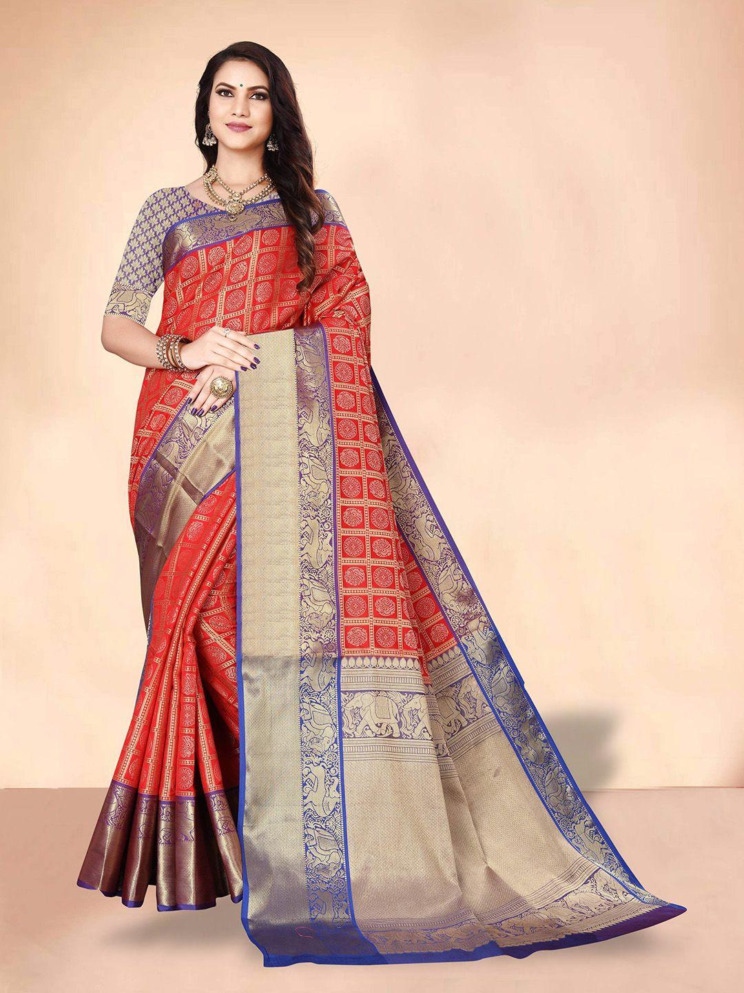 sgf11 ethnic motif zari pure silk kanjeevaram saree with blouse piece