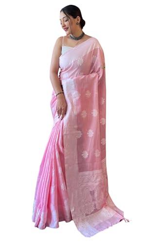 sgf11 women's kanjivaram soft cotton linen silk saree with blouse piece (pink)