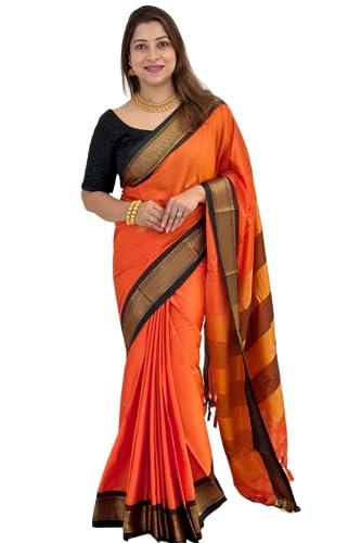 sgf11 women's kanjivaram soft lichi silk saree with blouse piece (orange black)