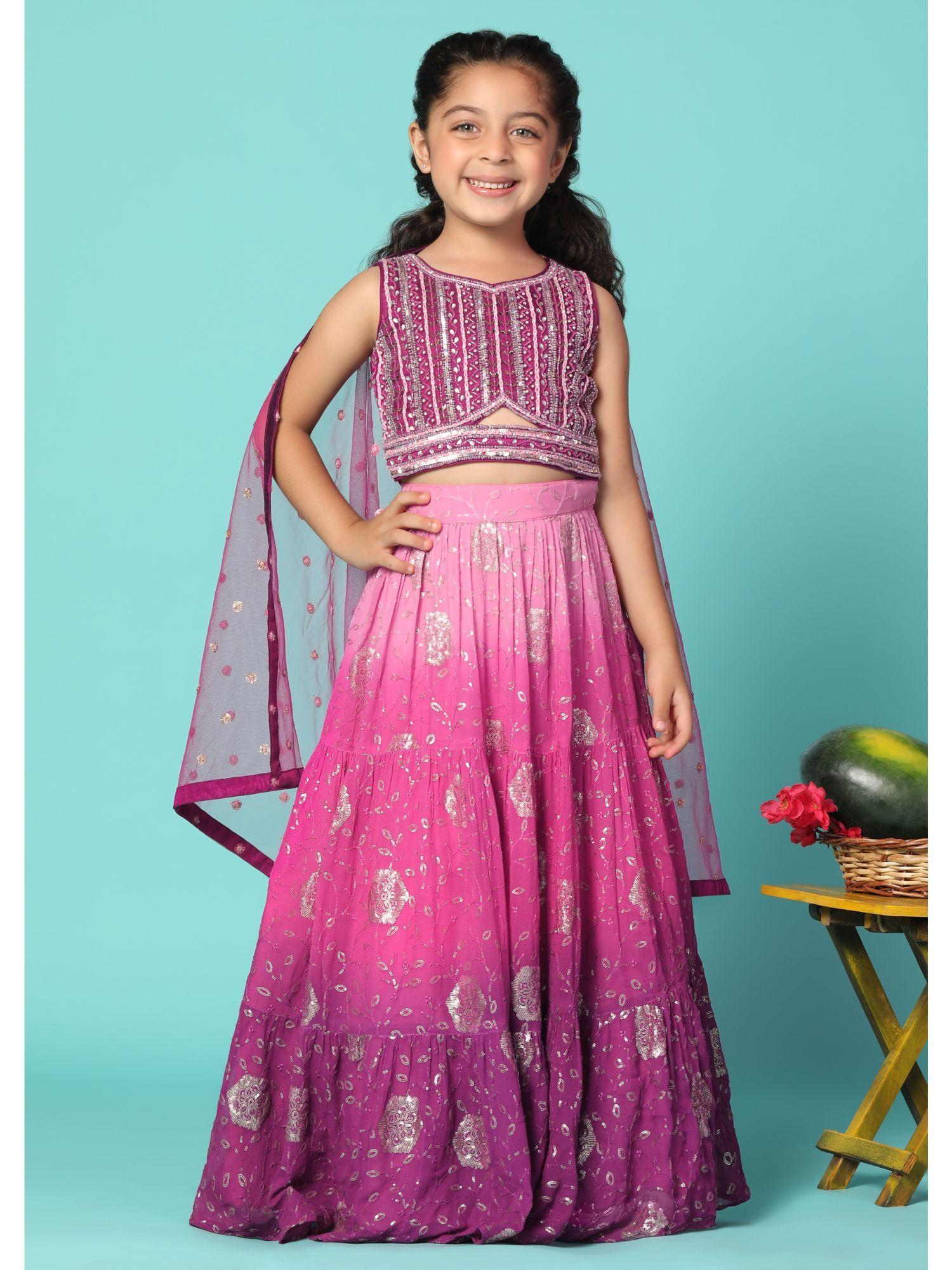 shaded pink embroidered lehenga and blouse set for girls (set of 3)