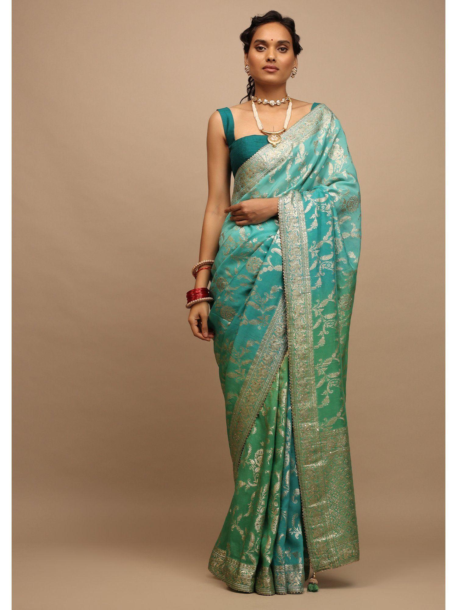 shaded green and turquoise saree with unstitched blouse