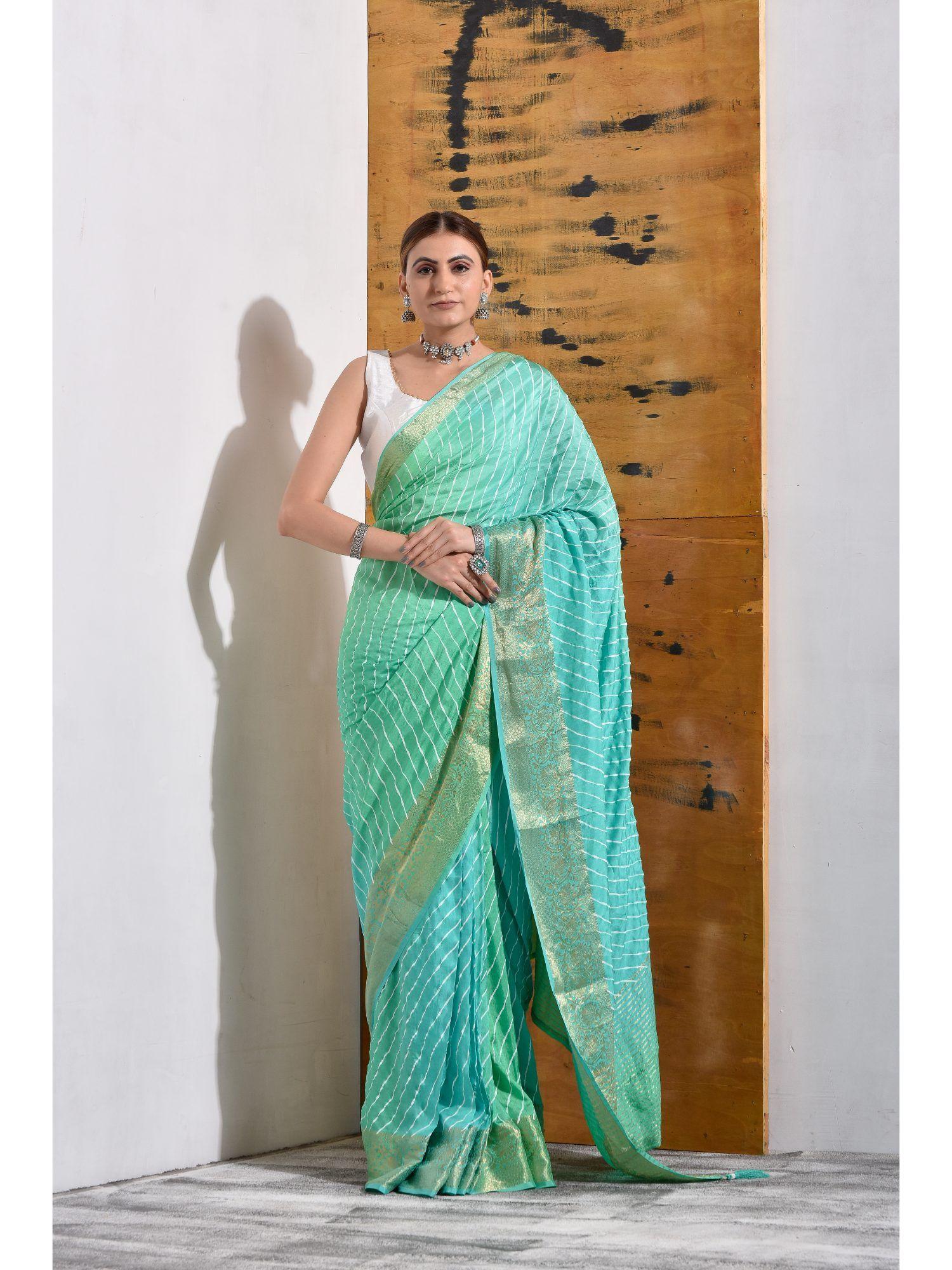 shaded green silk leheriya zari saree with unstitched blouse