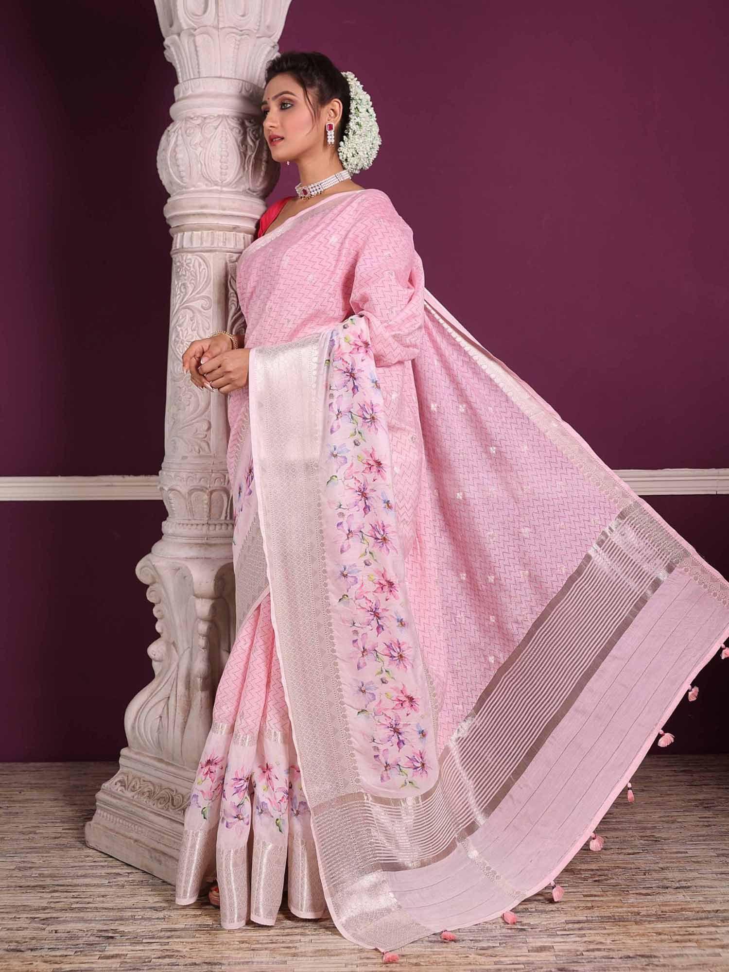shaded lotus silver zari saree with unstitched blouse