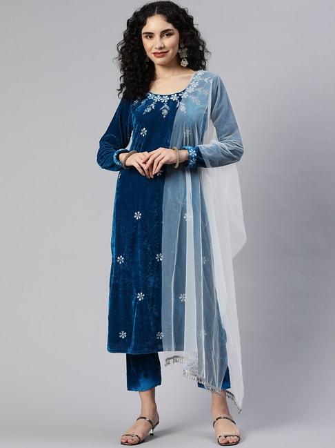 shades blue embroidered kurta pant set with dupatta