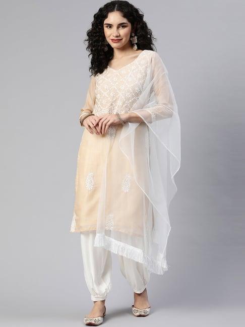 shades brown & white cotton embroidered kurta salwar set with dupatta