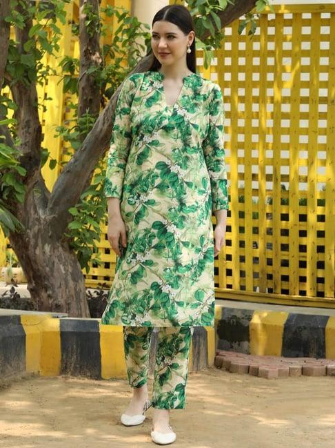 shades green cotton printed kurta pant set