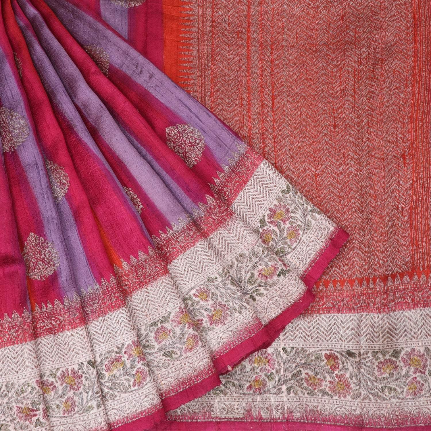 shades of purple tussar banarasi silk saree with floral buttas
